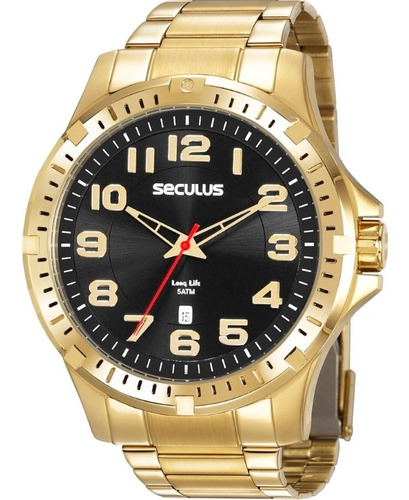 Relógio Seculus Masculino Analógico Dourado Aço Calendário