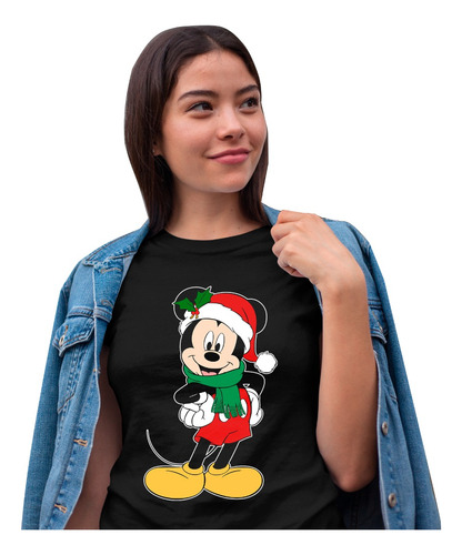 Playera Unisex Negra Navideña De Mickey Mouse Bufanda