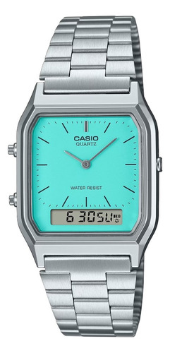 Relógio de malha prateada Casio AQ-230a-2a2 Analógico Unixes Vintage Silver Mesh, Bisel prateado, fundo azul claro