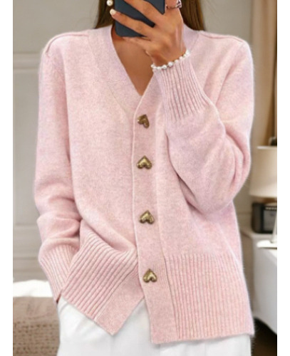Suéter De Punto Con Cuello En V Con Botón De Amor A La Moda,
