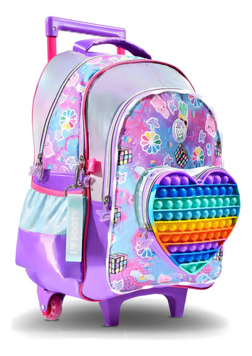 Mochila Pop-it com carrinho, 18, com luz LED, Footy, 12219. Cor: violeta, design de tecido, impressão