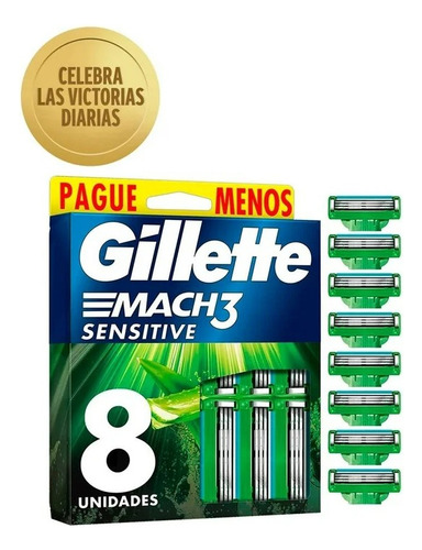 3 Pza Cartucho De Rastrillo Gillette Mach3 Sensitive Con Alo