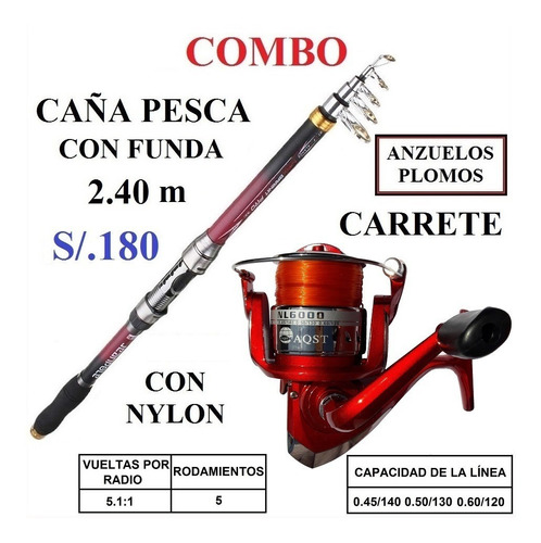 Caña Pesca 2.40 M Carrete, Nylon, 10 Anzuelos Y Plomo Pescar