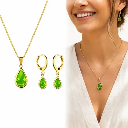 Conjunto Colar E Brinco Gota Verde A Ouro 18k Fique Linda Ouro 18k/verde