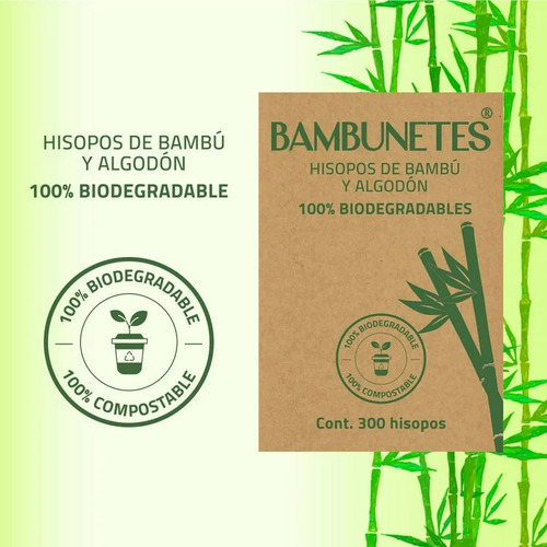 Cotonetes Hisopos Bambú Algodón 100% Biodegradables 300 Pzas