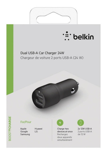 Cargador Belkin De Auto 12v Boost 4.8a Doble Usb Ccb001btbk