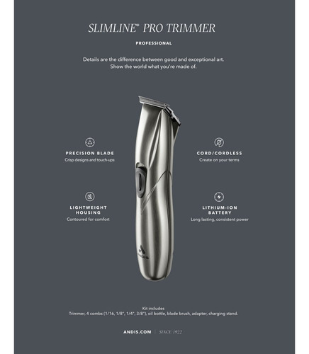 Andis® Slimline Pro Li Professional Wireless 32445 - cor de níquel D-8