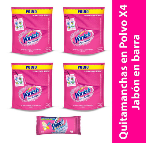 Combo Vanish Oxi Action Polvo Rosa Refill X4 + Jabon Barra
