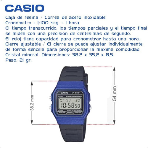 Reloj pulsera Casio Collection F-91 de cuerpo color azul, digital, fondo gris, con correa de resina color negro, dial negro, minutero/segundero negro, bisel color negro y hebilla simple