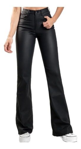 Pantalon Ecocuero Pierna Ancha Mujer Recto