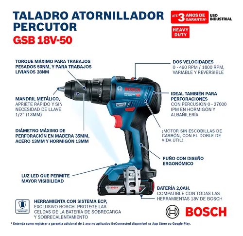 Taladro Atornillador Percutor Bosch Gsb 18v-50 2b Y Maletín