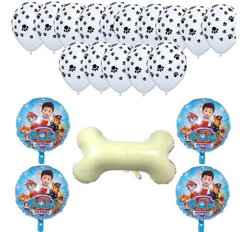 Pack Paw Patrol X4 + 15 Latex Huellitas + Globo Forma Hueso.