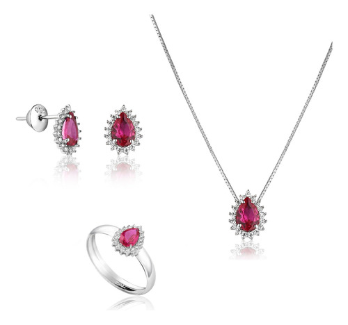Conjunto De Ouro Branco 18k Com Rubi Sintético E Zircônias