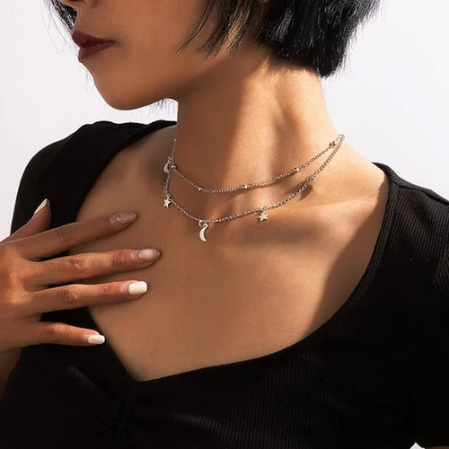 Colar De Prata Feminino Delicado Luxo Cordão Moderno Luas Es