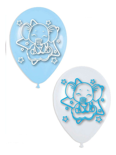 Globos Bombas Estampados X20u Elefante Bebe Blanco Y Azul