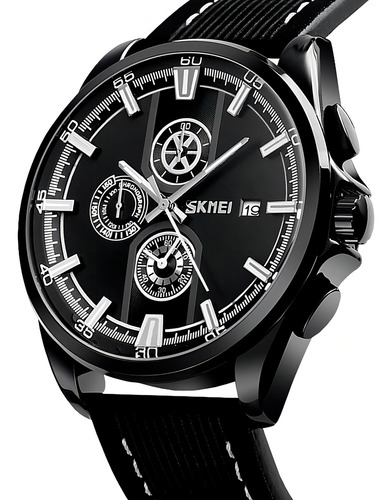Relógio masculino Skmei 9181 em aço, couro ecológico, cronógrafo, cor de malha, cor de fundo de couro preto, branco