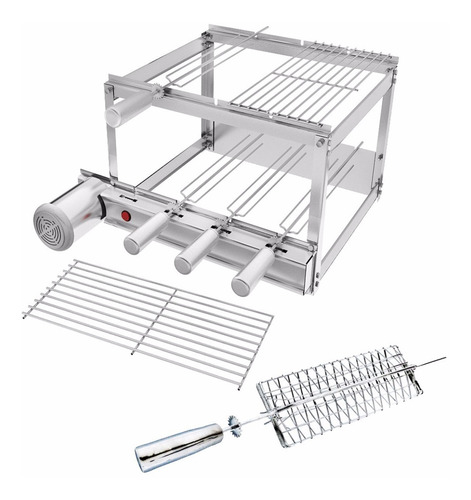 Gira Grill Churrasqueira Inox 4 Espetos + 3 Grelhas + Brinde