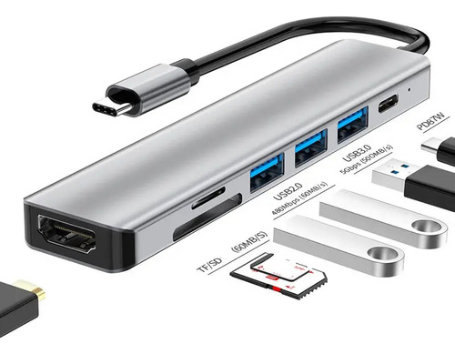 Usb C Adaptador Hub 6 En 1 Para Macbook iPad Tablet Notebook