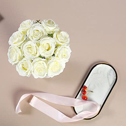 12 Rosas De Seda Artificiales Con Tallo Largo - Blanco