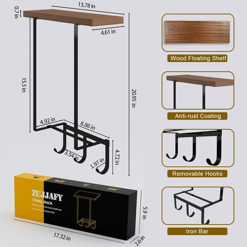 Toalleros De Pared Con Estante De Madera Y 3 Ganchos, Toalle