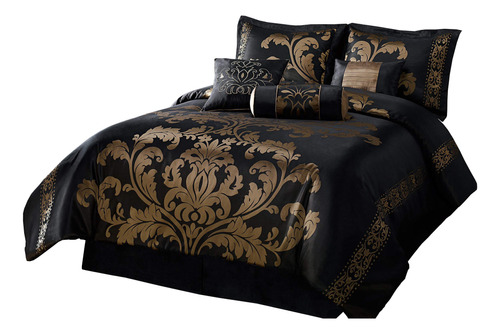 Jd Home Juego De Edredón Floral Jacquard De Oro Negro 7pcs.