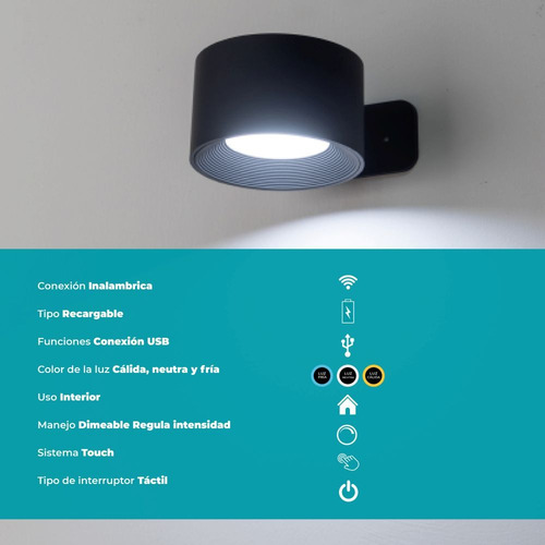 Aplique Inalámbrico Recargable Usb Touch Led Redondo Regulad