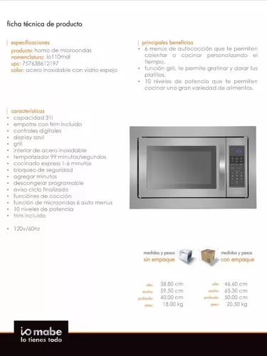 Microondas Grill Mabe Cocción IO110MDI IO110MDI acero inoxidable 31L 120V