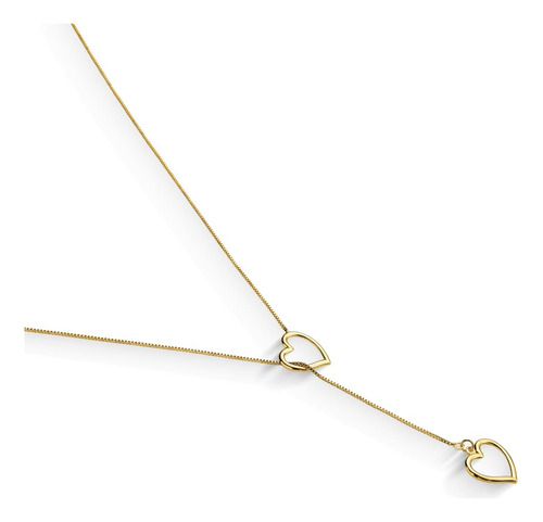 Colar Feminino Gravata Duplo Coração Ouro 18k Cor Dourado