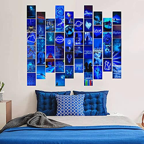 Blue Neon Wall Collage Kit Aesthetic Pictures, 50pcs Indie R