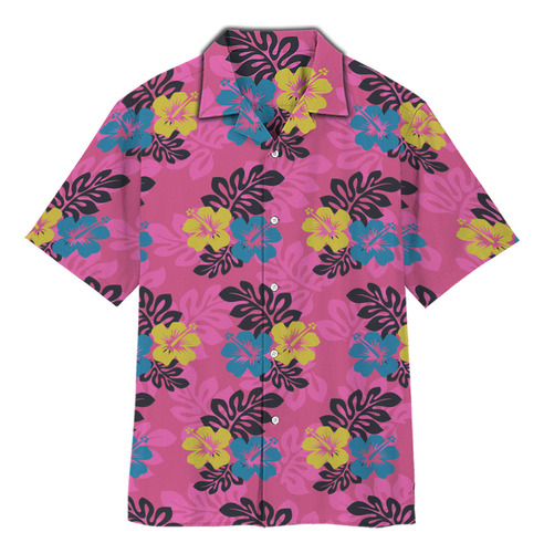 Camisa Hawaiana Unisex Color Morado Hibisco, Camisa Pl Ou