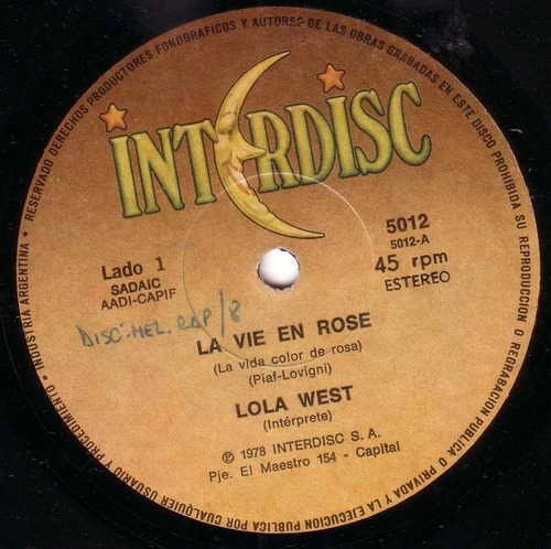 Lola West La Vida Color De Rosa Piaf Disco Simple Pvl