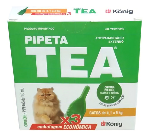 Antipulgas Tea Gatos Pipeta X 3 Unid 4,1 Até 8kg 1ml Konig