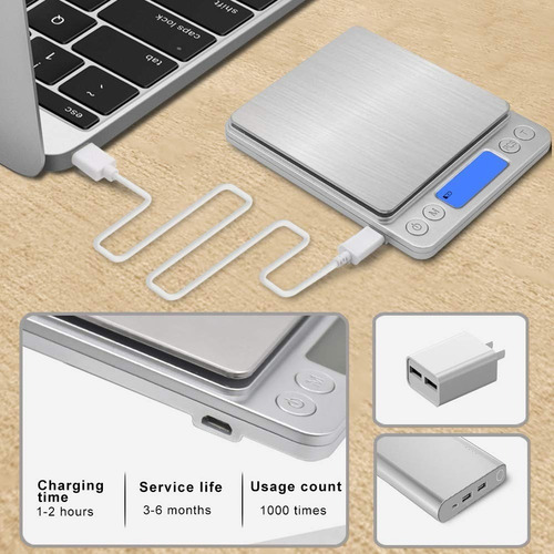 Imagen 5 de 10 de Bascula Digital 3kg-0.1g Balanzas De Cocina Usb Recargable