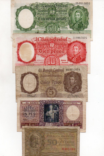 Lote 5 Billetes Serire Peso Moneda Nacional 50 C. A 50 Pesos