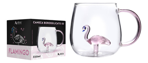 Caneca Vidro Escultura 3d Rosa 280ml - Flamingo + Caixa Para