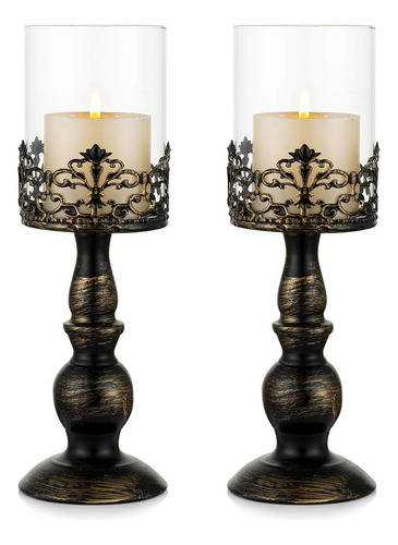 Portavelas Vintage Negro Envejecido Base Floral De Cristal 3