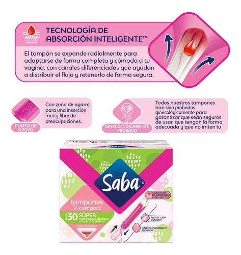 30 Súper Tampones V Compact Saba Flujo Abundan Con Aplicador