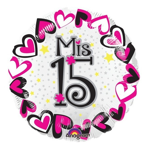 4 Globos Mis 15 Xv Años Met 18in Fiesta Corazones Negro Rosa
