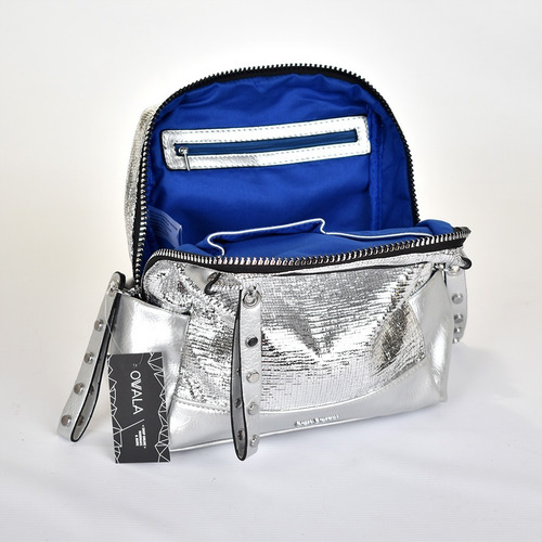 Mochila Mujer Simil Cuero Bolsillos Plateada Barbara Bags
