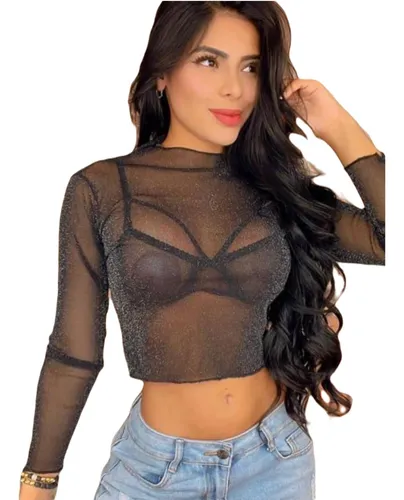 Blusa Top Corto Transparente Manga Larga Con Brillo MercadoLibre