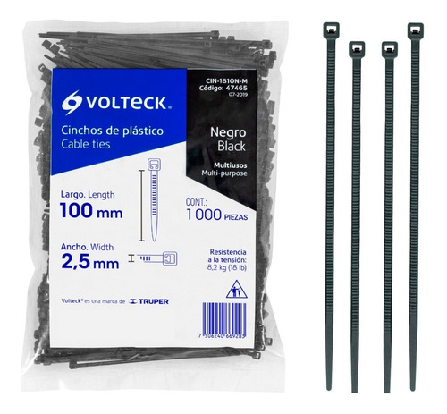 Cincho Plástico 18 Lb 10 Cm Negro 1000 Pz Volteck 47465