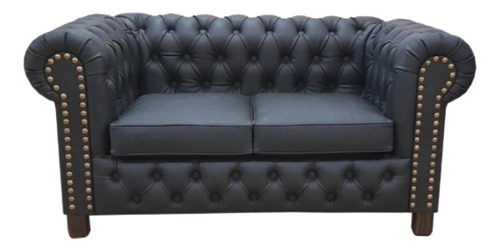 Sofá Bufalosin Chesterfield de 2 cuerpos color azul oscuro de cuerina talampaya y patas color marrón de madera