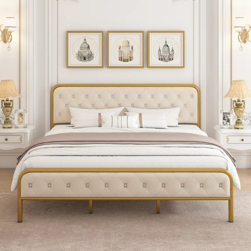 Cama Sommier Metal Dorada King Size Con Cabecera Terciopelo
