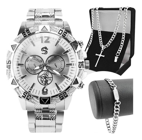 Relogio Masculino Aço Inox + Pulseira Grumet + Cordão Cruz