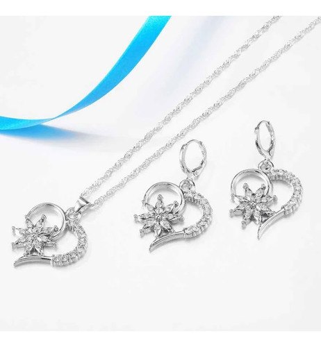 Set Plata 925 Corazon Sol Collar Pendientes Aros Dama Joyas