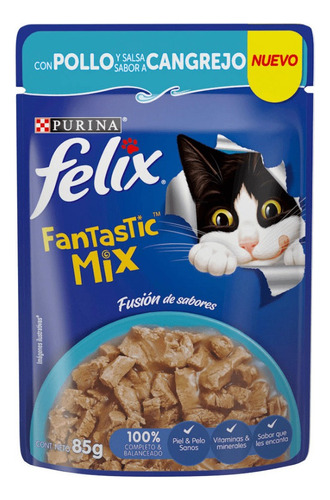 Alimento Felix Fantastic Mix para gato adulto todos los tamaños sabor pollo y cangrejo en sobre de 85g