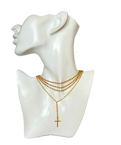 Collar Dama Rosario Triple Cruz Chapado Oro 24 Kl + Caja