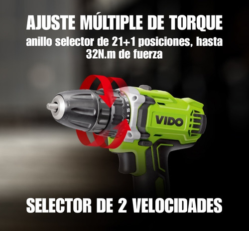 Imagen 5 de 9 de Taladro Inalámbrico Vido 18v Con Maleta Y Accesorios