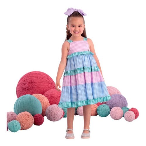 Imagem 2 de 3 de Vestido Infantil Mon Sucré Xadrez Colorido Fluffy 22308 B.e.