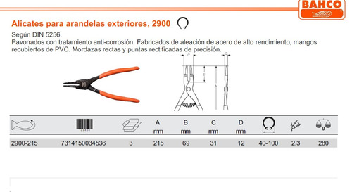 Pinza Seguer Bahco Arandelas Exteriores 40 -100 Mm 2900-215